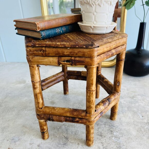 Vintage Hexagon Eclectic Burnt Tortoiseshell Bamboo Plant Stand / Side Table - Picture 2 of 8